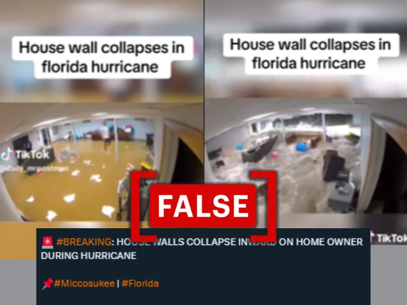 This image shows screenshots of social media posts, with captions claiming it shows a video of a house wall collapsing in Florida following Hurricane Milton.